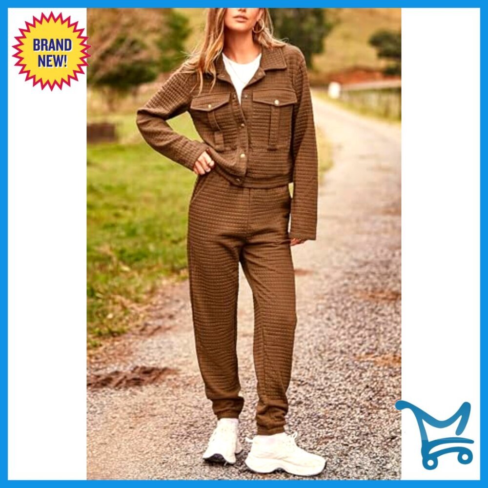 Long Sleeve Button Down Shacket Jacket Sweatpants Tracksuit Set Winter - Picture 2 of 7